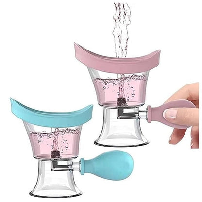 Blue and pink Rinsivo two-piece manual eye rinse cup kit