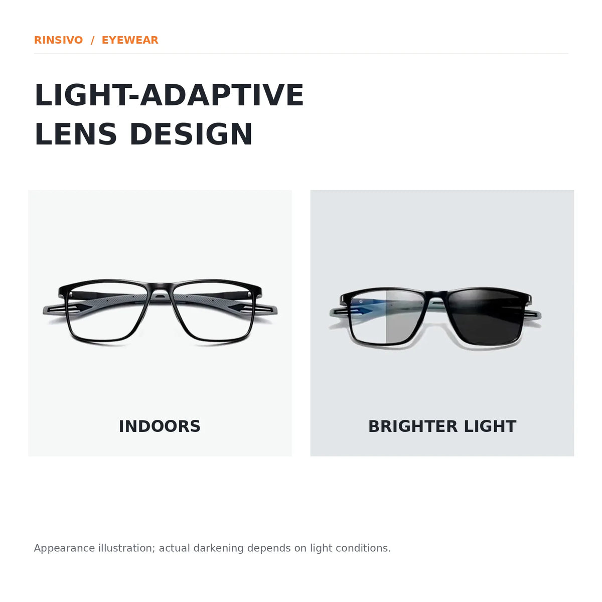 Eyeglasses indoor versus outdoor lens appearance illustration