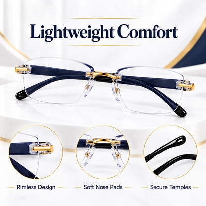 Navy rimless eyeglass details