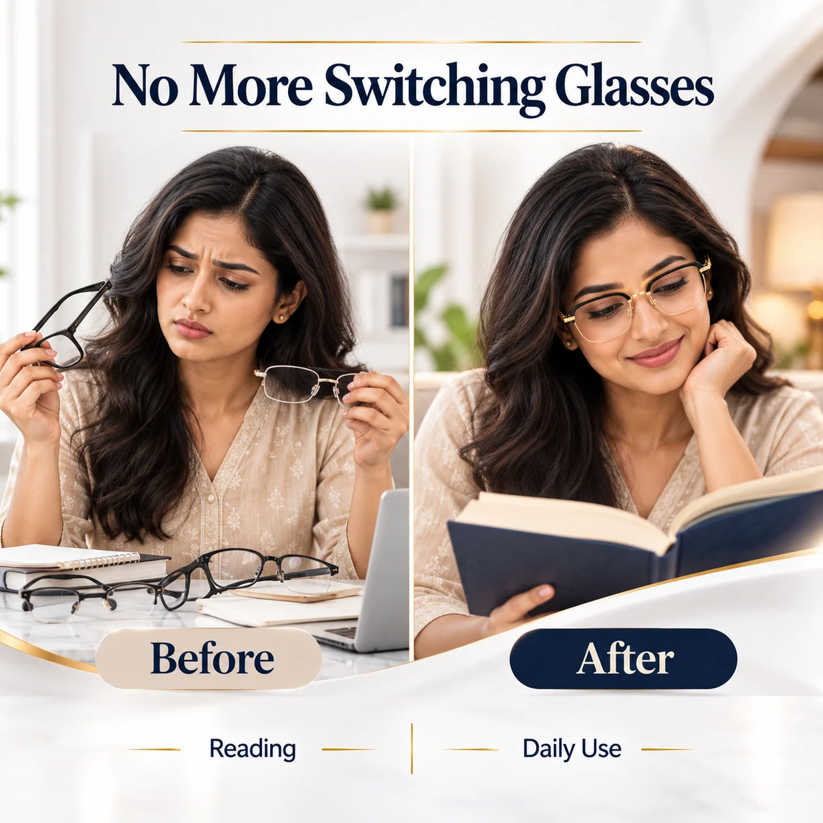 Women glasses before and after visual comparison