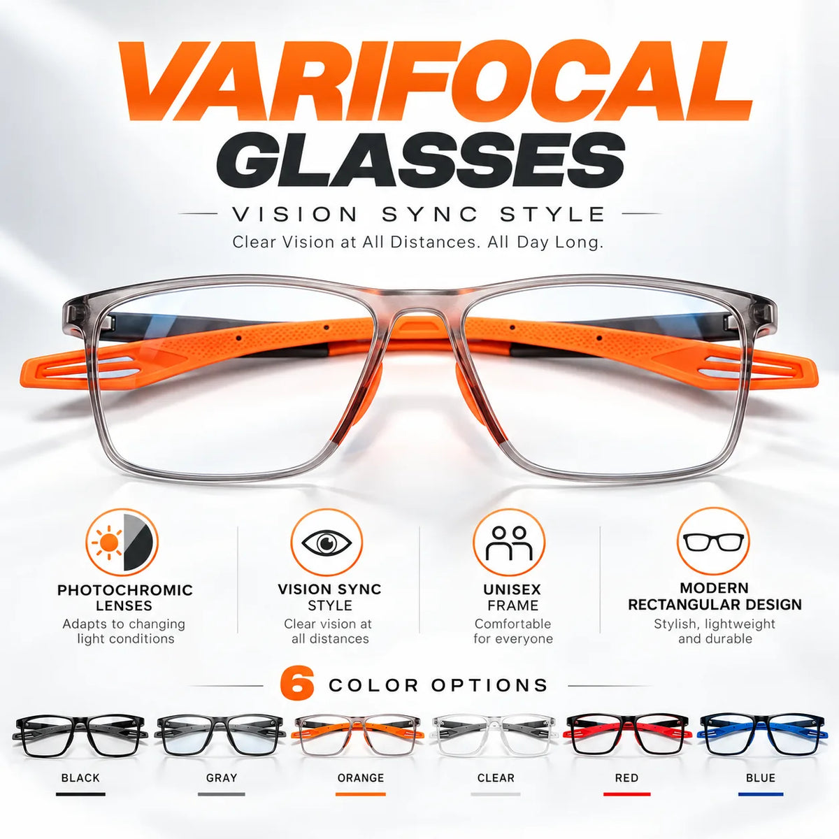 Premium Varifocal Glasses with Vision Sync style and six colors: black, gray, orange, white, red and blue