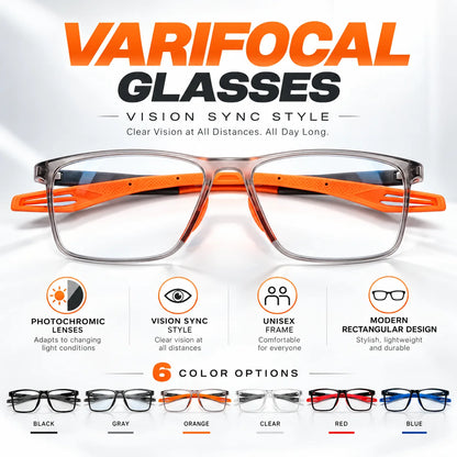 Premium Varifocal Glasses with Vision Sync style and six colors: black, gray, orange, white, red and blue
